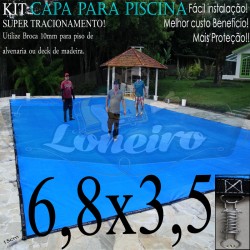 Capa para Piscina de Proteção e Cobertura Super Lona 6,8 x 3,5m PP/PE Azul Cinza com +54m+54p+3b