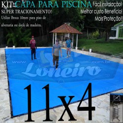 Capa para Piscina de Proteção e Cobertura Super Lona 11 x 4m PP/PE Azul Cinza com +72m+72p+5b